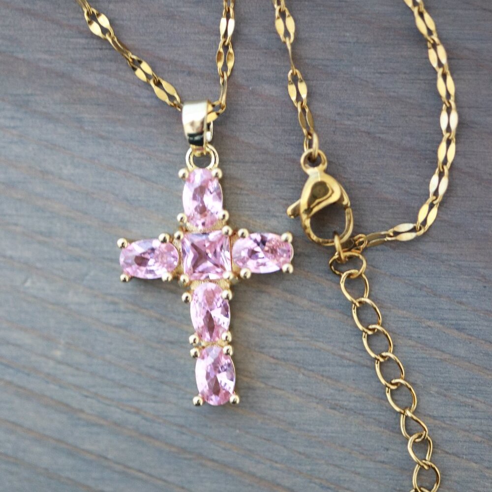 Cross Pendant Pink CZ Necklace 18k Gold Plated Stainless Steel - Picture 2 of 2